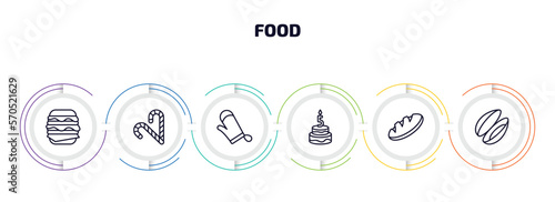 food infographic element with outline icons and 6 step or option. food icons such as double burger, christmas candy sticks, cooking mitts, five birthday cake, loaf of bread, mussel vector.
