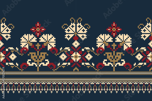 Floral Cross Stitch Embroidery on navy blue background.geometric ethnic oriental pattern traditional.Aztec style abstract vector illustration.design for texture,fabric,clothing,wrapping, decoration.