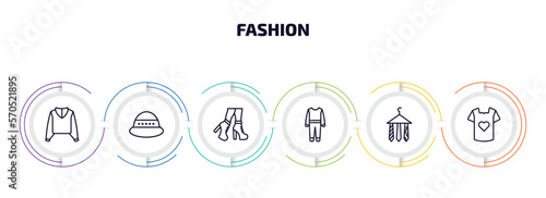 fashion infographic element with outline icons and 6 step or option. fashion icons such as sweater with hood, general helmet, high heel boots, working coverall, ties on hanger, t shirt with heart