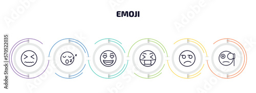 emoji infographic element with outline icons and 6 step or option. emoji icons such as desperate emoji, sleep love sick suspect monocle vector.
