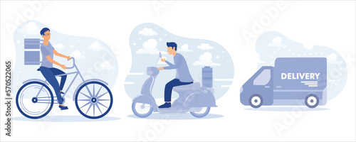 Online delivery service concept, online order tracking, delivery home and office. Warehouse, truck, scooter and bicycle courier, delivery man in respiratory mask. set flat vector modern illustration