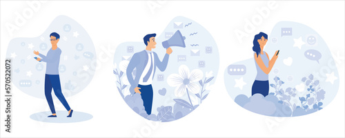 man holding a handphone opening social media.promotion, advertising, announcement concept. social media icons.set flat vector illustration