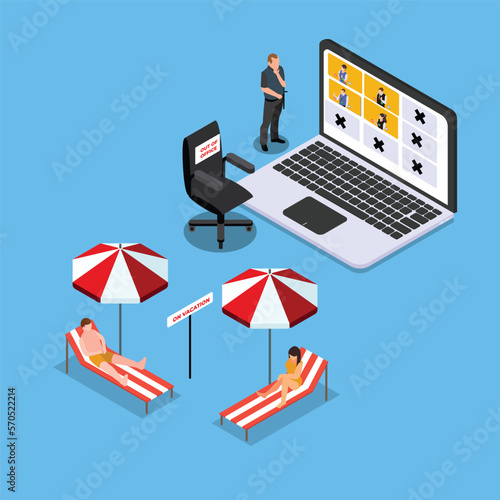 Laptop with Employees Out of Office go for vacation and Empty Armchair 3d isometric vector illustration concept for banner, website, landing page, ads, flyer template