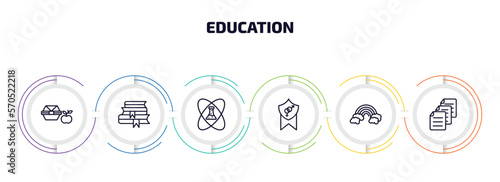 education infographic element with outline icons and 6 step or option. education icons such as lunchbox, stack of books, experimentation, fraternity, basic rainbow, various files vector.