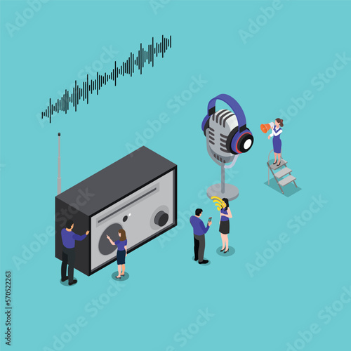 Sound recording equipment, microphone old radio 3d isometric vector illustration concept for banner, website, landing page, ads, flyer template