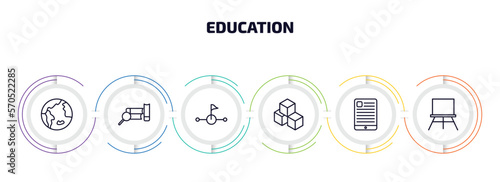 education infographic element with outline icons and 6 step or option. education icons such as world map, research with books, halfway, creche, tactile tablet, canvas vector.