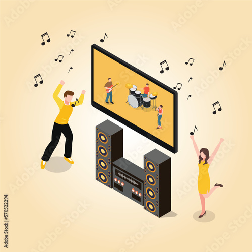 Happy Love couple sings songs 3d isometric vector illustration concept for banner, website, landing page, ads, flyer template