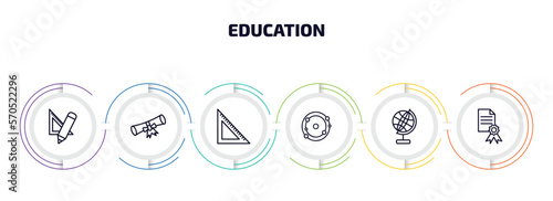 education infographic element with outline icons and 6 step or option. education icons such as school supplies, diploma with a ribbon, square, solar system, school globe, sealed diploma vector.