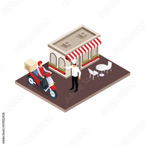 Food delivery with scooter restaurant and chef 3d isometric vector illustration concept for banner, website, landing page, ads, flyer template