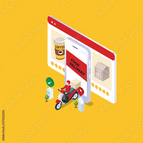 Food delivery app on a smartphone 3d isometric vector illustration concept for banner, website, landing page, ads, flyer template