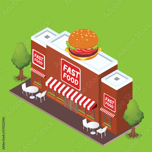 Fast food hamburger restaurant building 3d isometric vector illustration concept for banner, website, landing page, ads, flyer template