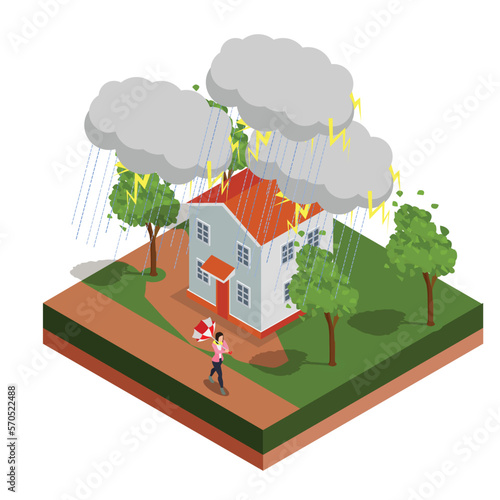 A woman holding an umbrella in storm 3d isometric vector illustration concept for banner, website, landing page, ads, flyer template