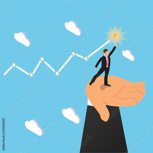 Businessman standing on the hand reaching for the goal 3d isometric vector illustration concept for banner, website, landing page, ads, flyer template