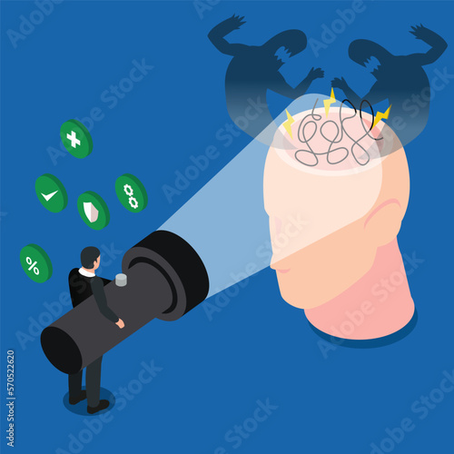 Man with flashlight discovers hidden fears 3d isometric vector illustration concept for banner, website, landing page, ads, flyer template