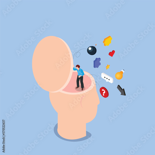 Man throws out extra objects from head 3d isometric vector illustration concept for banner, website, landing page, ads, flyer template