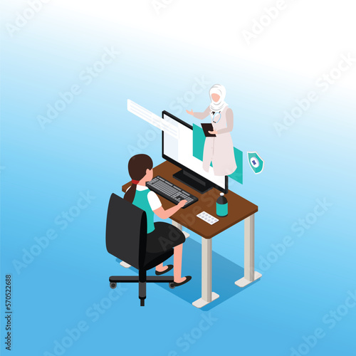 Online Video Conferencing with female muslim doctor 3d isometric vector illustration concept for banner, website, landing page, ads, flyer template