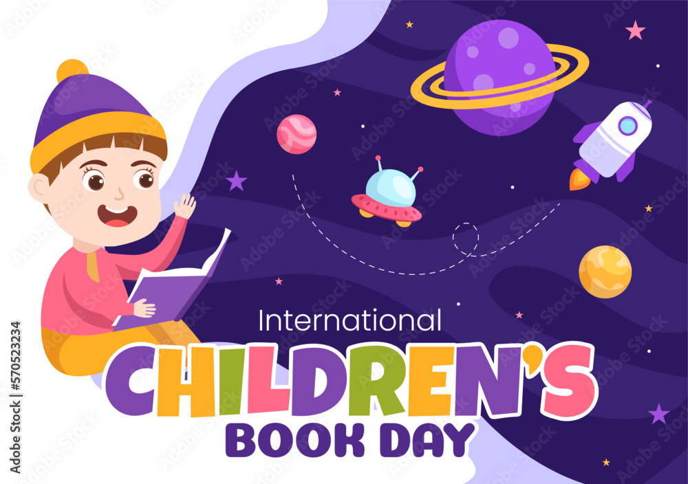 Naklejka premium International Children's Book Day on April 2 Illustration with Kids Reading or Writing Books in Flat Cartoon Hand Drawn for Landing Page Templates