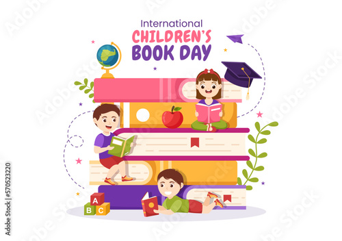 International Children's Book Day on April 2 Illustration with Kids Reading or Writing Books in Flat Cartoon Hand Drawn for Landing Page Templates