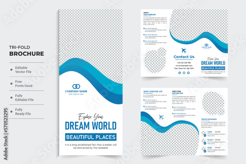 Travel agency promotional tri fold brochure vector with abstract shapes. Modern touring business advertisement leaflet and poster template vector. Tour and travel brochure template for marketing.
