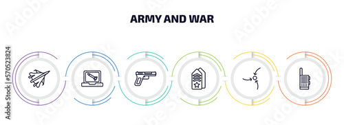 army and war infographic element with outline icons and 6 step or option. army and war icons such as jet, computer, , shoulder strap, strategy, militar radio vector.