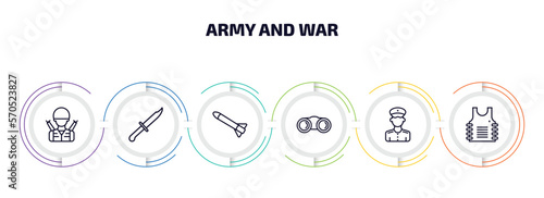 army and war infographic element with outline icons and 6 step or option. army and war icons such as soldier, knife, launcher, binoculars, officer, bulletproof vector.