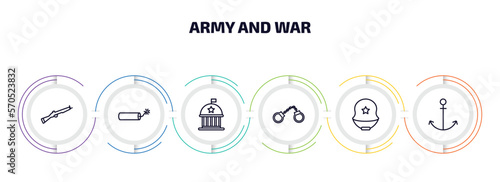 army and war infographic element with outline icons and 6 step or option. army and war icons such as bayonet on rifle, explosive, federal agency, pair of handcuffs, military helmet, anchor vector.