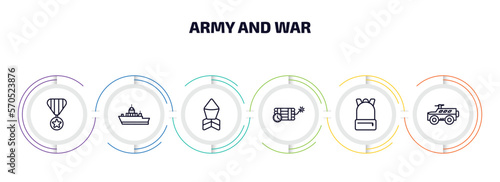 army and war infographic element with outline icons and 6 step or option. army and war icons such as militaty medal, army boat, depth charge, time bomb with clock, backpack, armored vehicle vector.