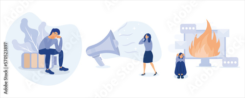 Emotional burnout syndrome illustration set. Characters suffering from stress, fatigue, occupational burnout and other mental disorder. Mental health problems concept. set flat vector modern illustrat