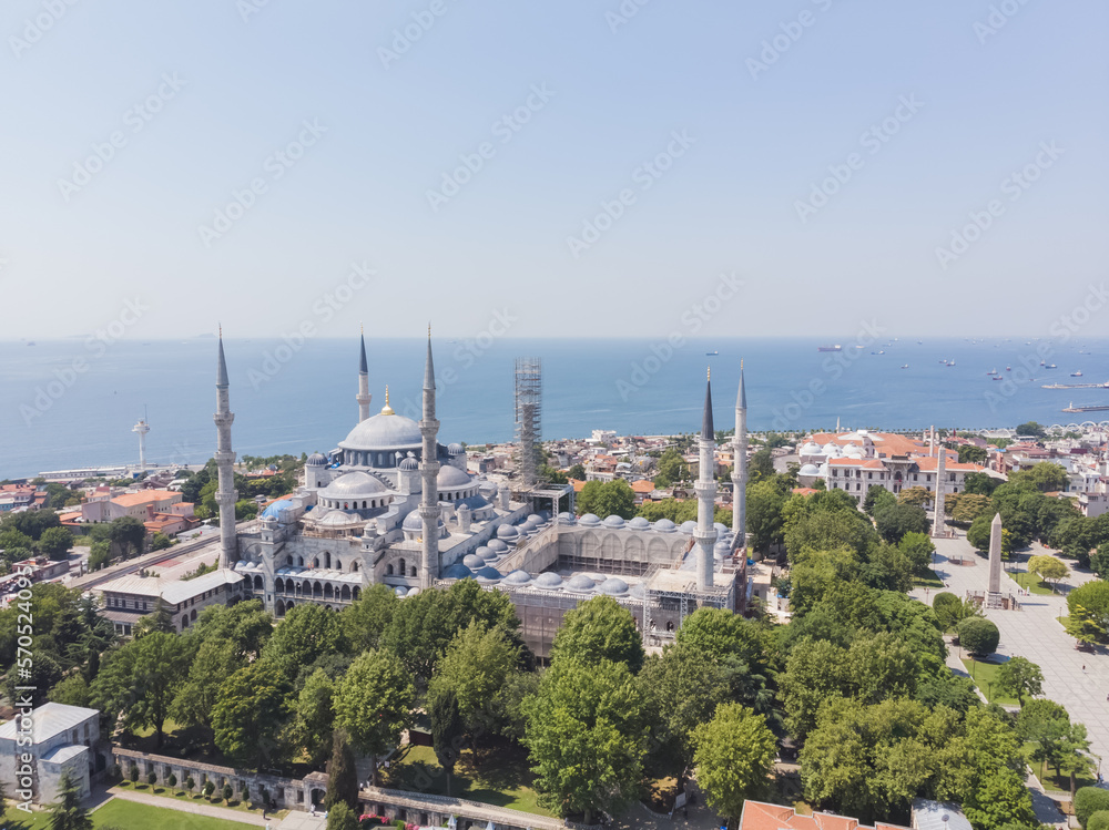 Top view of Istanbul old city and Sultan Ahmed Mosque Ahmet Camii Blue Mosque, on a warm summer day
