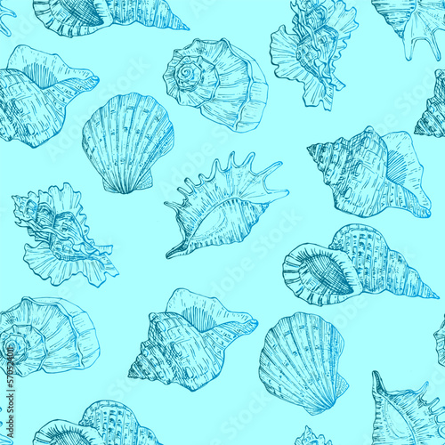 Seamless pattern background with abstract shell ornaments. Hand drawn nature illustration of ocean.