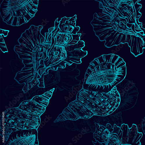 Seamless pattern background with abstract shell ornaments. Hand drawn nature illustration of ocean.