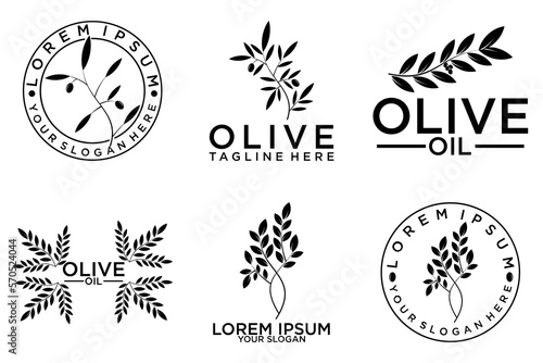 Set of branch olive tree. Black and white outline silhouette. Vector illustration