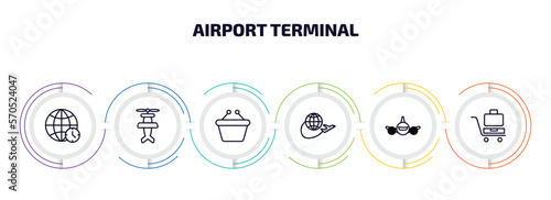 airport terminal infographic element with outline icons and 6 step or option. airport terminal icons such as time zones, old plane, duty free basket, trip, plane front view, luggage trolley vector.