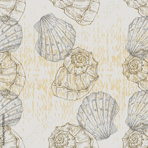 Seamless pattern background with abstract shell ornaments. Hand drawn nature illustration of ocean.
