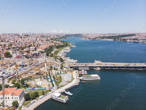 Top view of the city of Istanbul and the Bosphorus, in the foreground a bridge, on a warm summer day