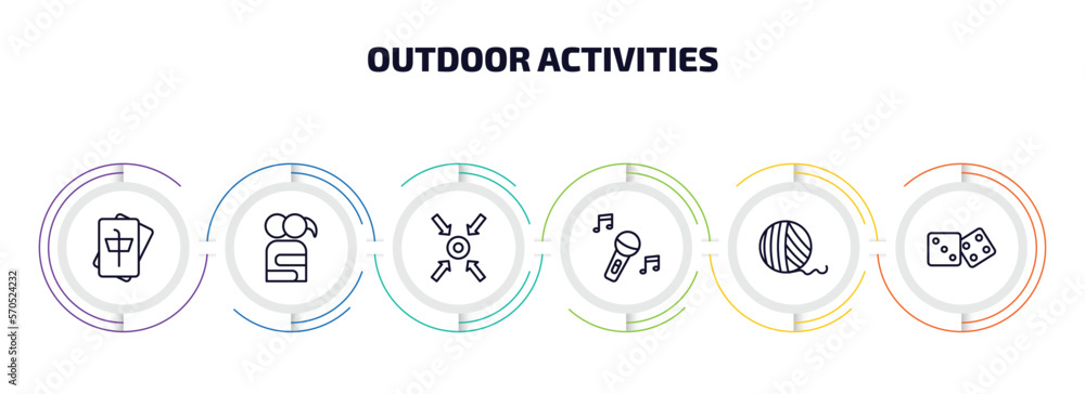 outdoor activities infographic element with outline icons and 6 step or option. outdoor activities icons such as mahjong, couple huging, collecting, sing, yarn ball, table game vector. outdoor activities infographic element with outline icons and 6 step or option. outdoor activities icons such as mahjong, couple huging, collecting, sing, yarn ball, table game vector.