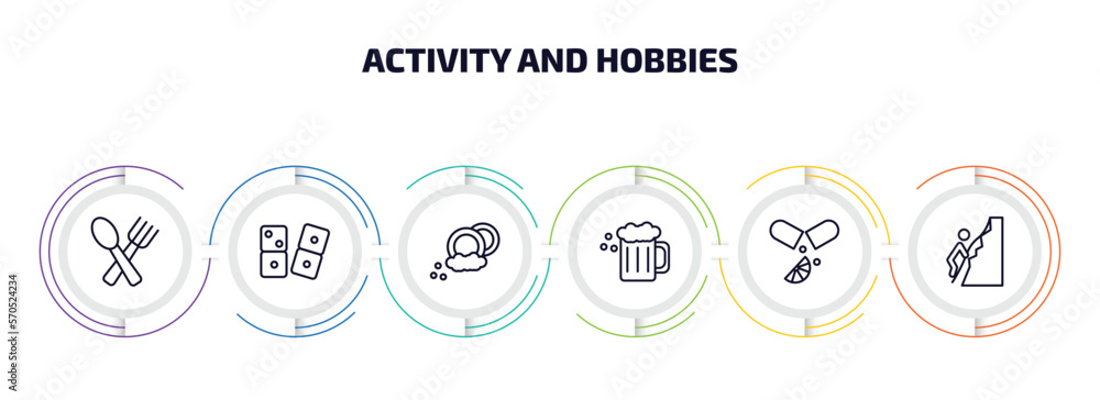 activity and hobbies infographic element with outline icons and 6 step or option. activity and hobbies icons such as eating, dominoes, dish washing, brewing, vitamin, rappelling vector. activity and hobbies infographic element with outline icons and 6 step or option. activity and hobbies icons such as eating, dominoes, dish washing, brewing, vitamin, rappelling vector.