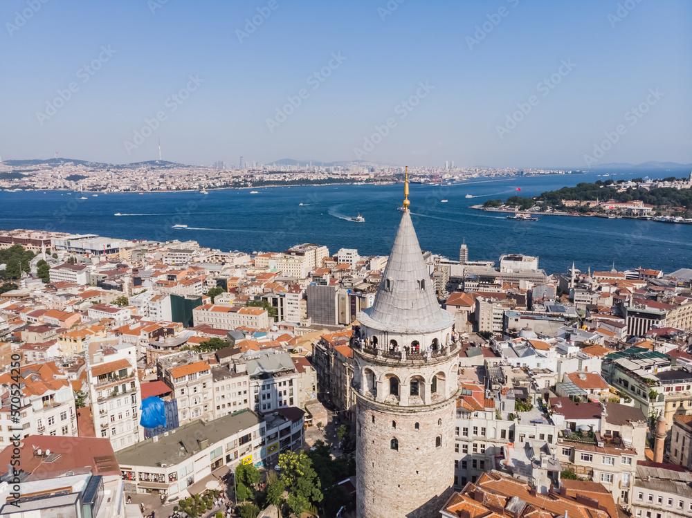 Top view of the Galata Tower in the old city of Istanbul, on a warm summer day