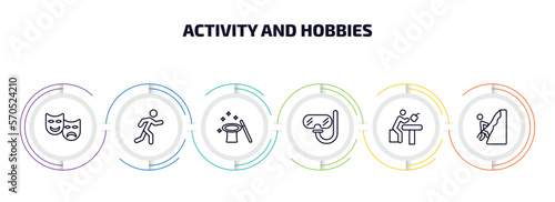 activity and hobbies infographic element with outline icons and 6 step or option. activity and hobbies icons such as acting, jogging, magician, diving, lace making, mountaineering vector.