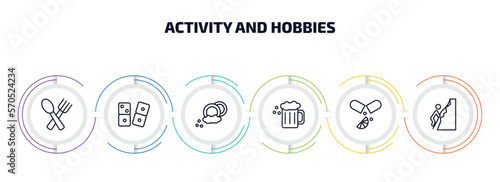activity and hobbies infographic element with outline icons and 6 step or option. activity and hobbies icons such as eating, dominoes, dish washing, brewing, vitamin, rappelling vector.