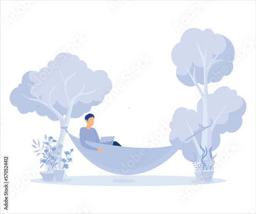 Working at home, coworking space, concept illustration. Young people, man and woman freelancers working on laptops and computers at home. People at home in quarantine.flat vector modern illustration 