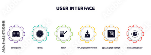 user interface infographic element with filled icons and 6 step or option. user interface icons such as open diary, hours, form, uploading from drive, square stop button, reload pie chart vector.