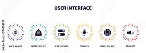 user interface infographic element with filled icons and 6 step or option. user interface icons such as white balance, letter envelope, slide to unlock, tungsten, floppy disk save button, sound off