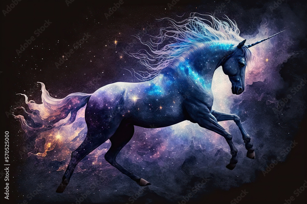 Generative artificial intelligence. The figure of a unicorn in a cloud of galactic nebula among the stars and glitter. A fantasy magical creature. The concept of illustration. Generative artificial intelligence. The figure of a unicorn in a cloud of galactic nebula among the stars and glitter. A fantasy magical creature. The concept of illustration.