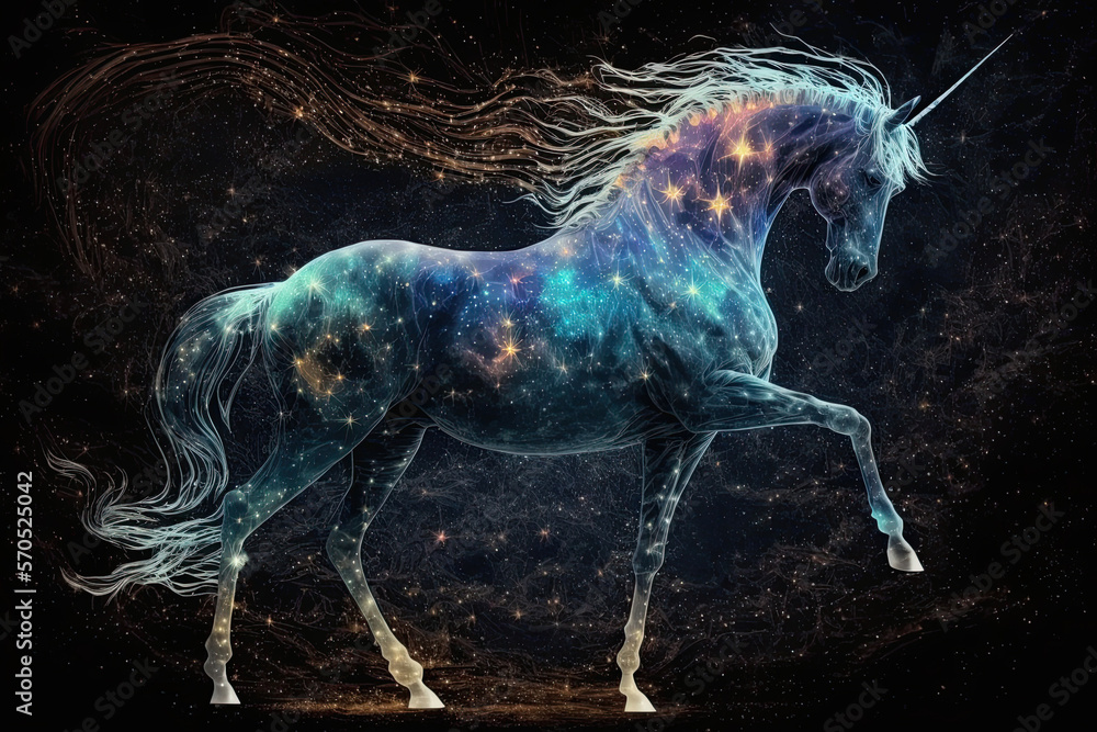 Generative artificial intelligence. A unicorn figure in a cloud of galactic stars and glitter. A fantasy magical creature. The concept of illustration.