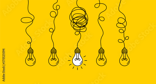 Hanging light bulbs with one glowing on yellow background. Concept of idea