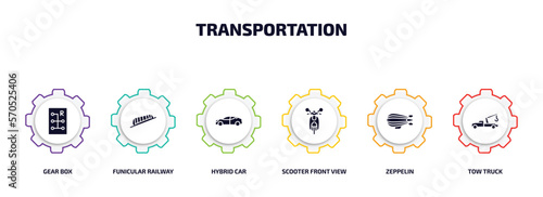 transportation infographic element with filled icons and 6 step or option. transportation icons such as gear box, funicular railway, hybrid car, scooter front view, zeppelin, tow truck vector.
