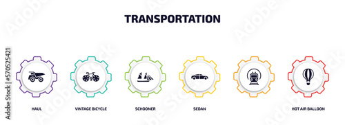 transportation infographic element with filled icons and 6 step or option. transportation icons such as haul, vintage bicycle, schooner, sedan, , hot air balloon vector.