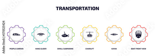 transportation infographic element with filled icons and 6 step or option. transportation icons such as people carrier, hang glider, small submarine, chairlift, kayak, boat front view vector.