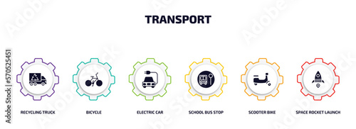transport infographic element with filled icons and 6 step or option. transport icons such as recycling truck, bicycle, electric car, school bus stop, scooter bike, space rocket launch vector.